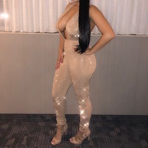 Low cut nude bling jumpsuit